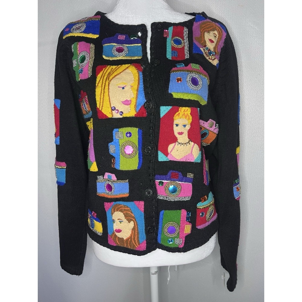 Michael‎ Simon Photography Faces Beaded Embroidered Black Cardigan SAMPLE M
